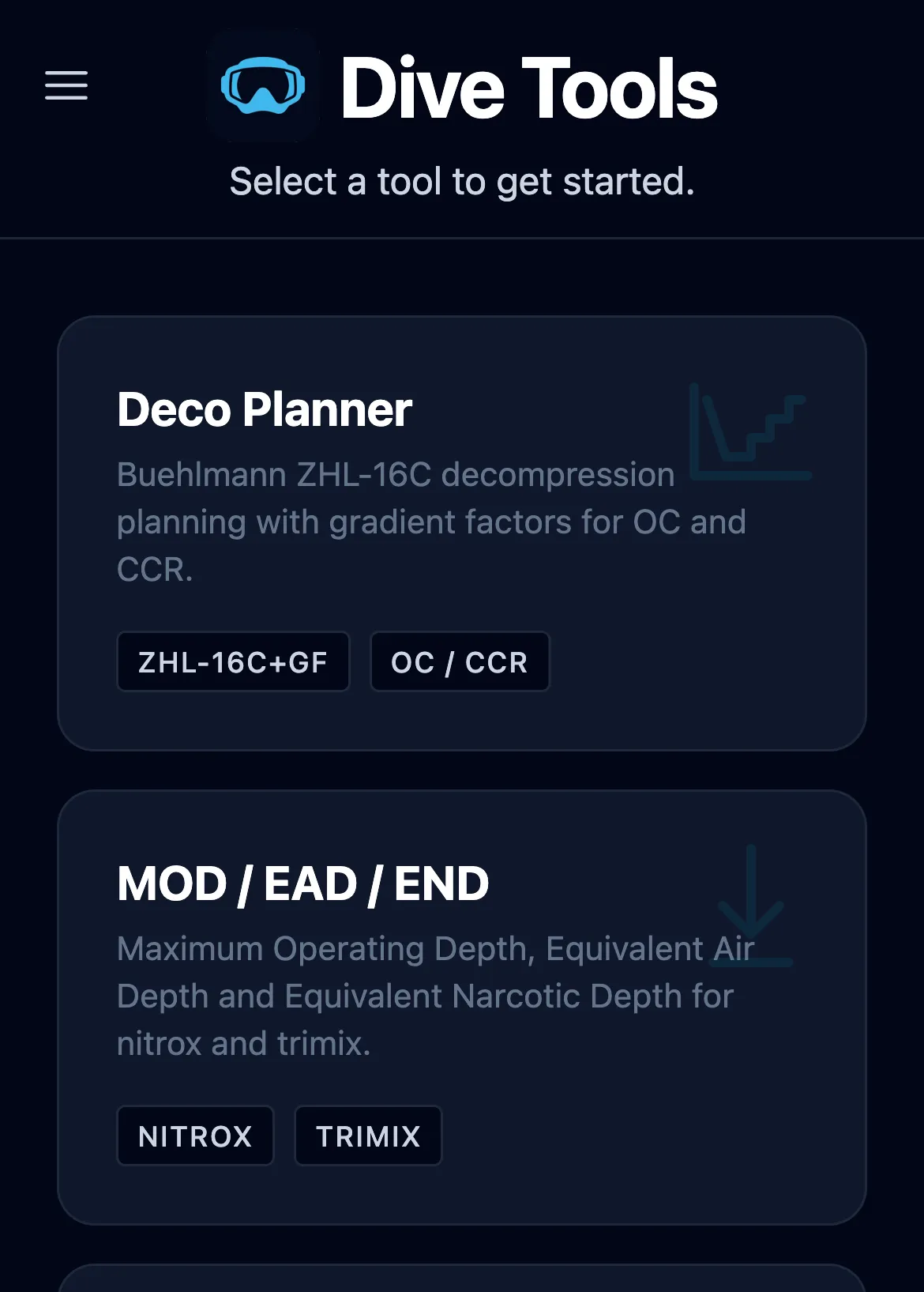 The start screen: a header with the menu button and the Dive Tools logo, then tool cards for Deco Planner and MOD / EAD / END, with more below