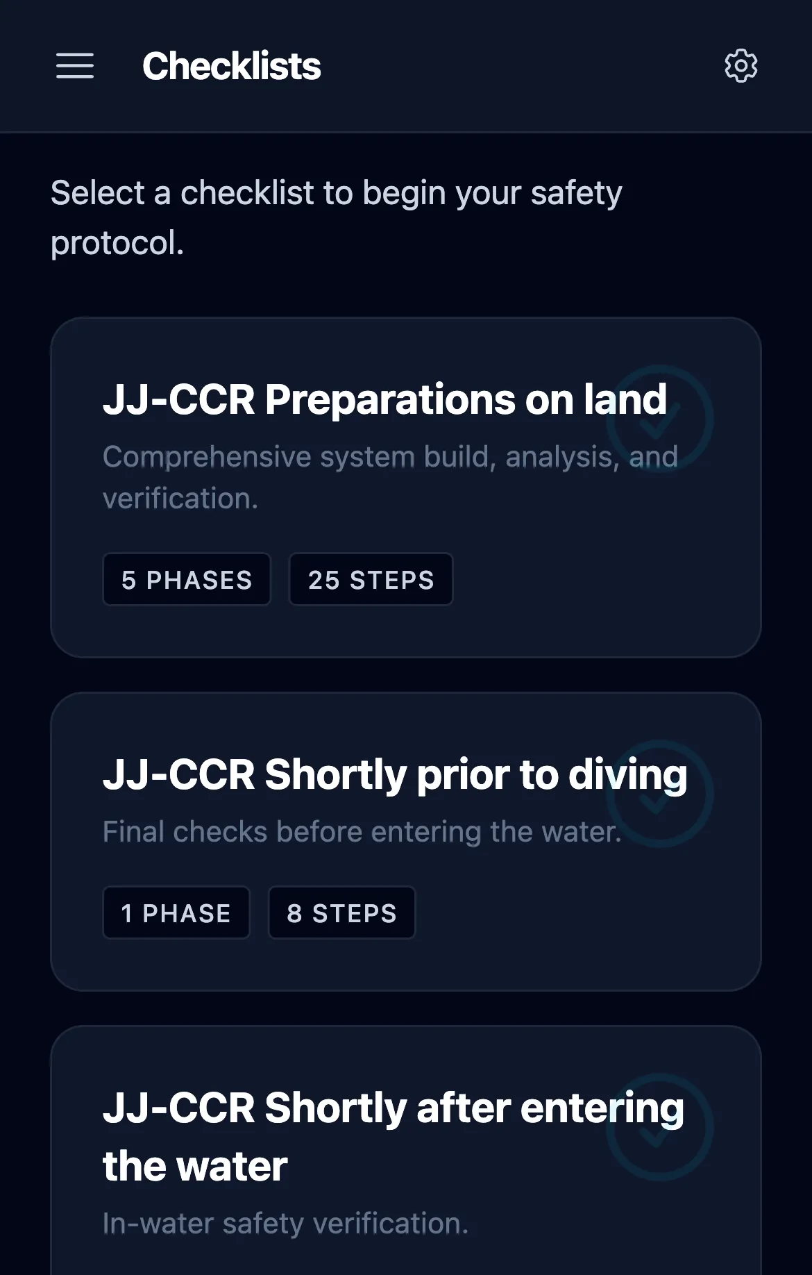 Checklist selector showing four default checklists: three JJ-CCR and CHAOS (GUE)