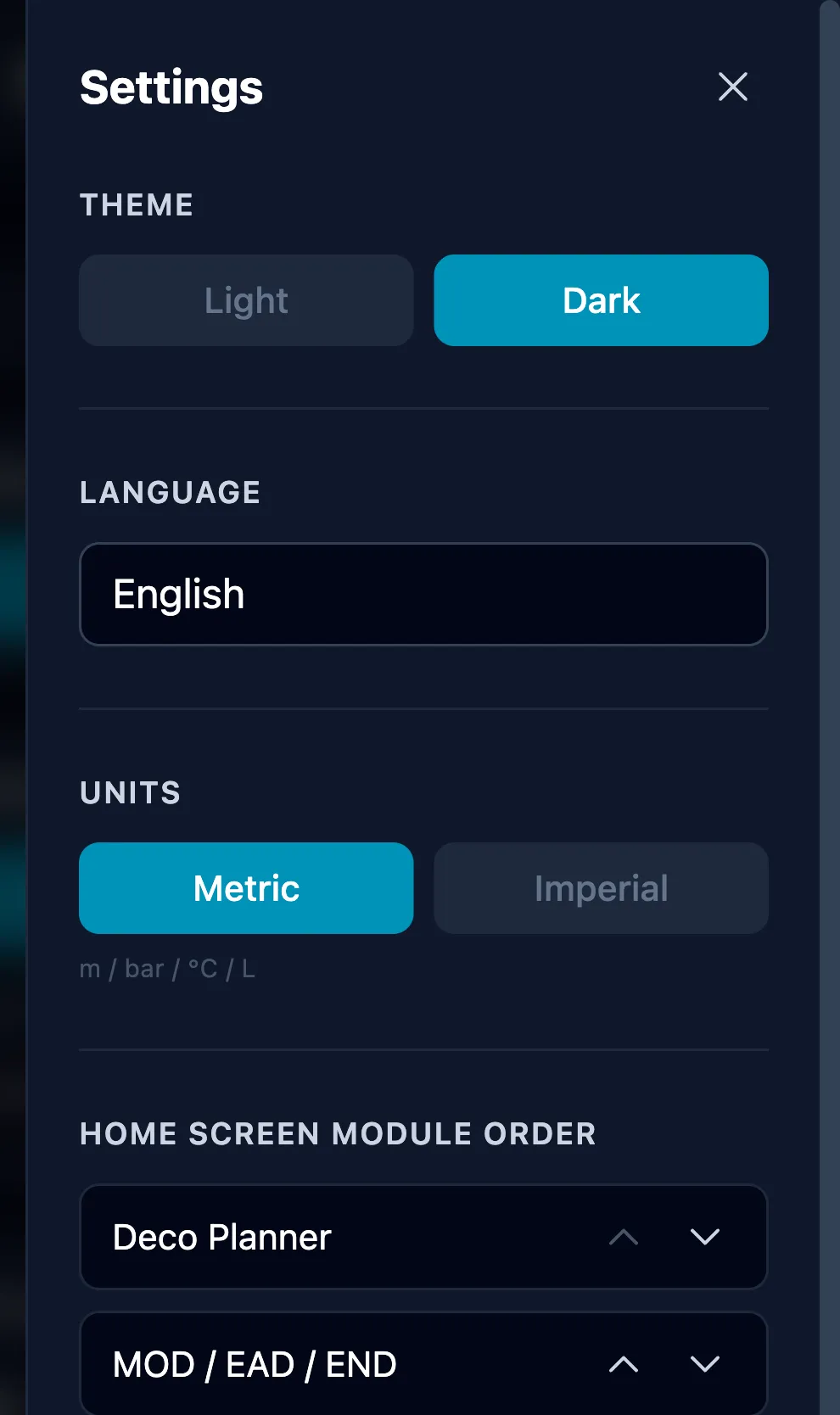 Settings panel showing Theme set to Dark, Language English, Units Metric, and the start of the Home Screen Module Order list with up and down arrows