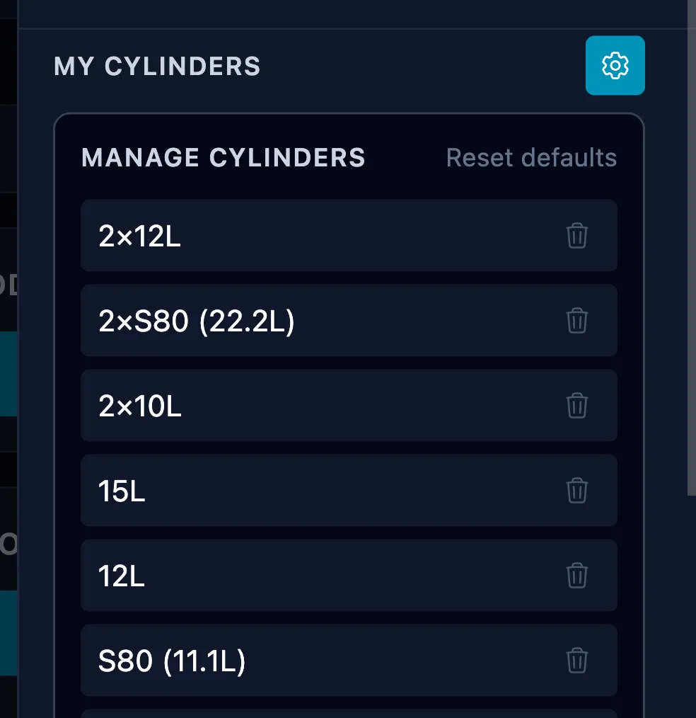 My Cylinders with the manage panel open, listing preset cylinders from 2x12L down to S63, each with a button that hides it, and a Reset defaults link