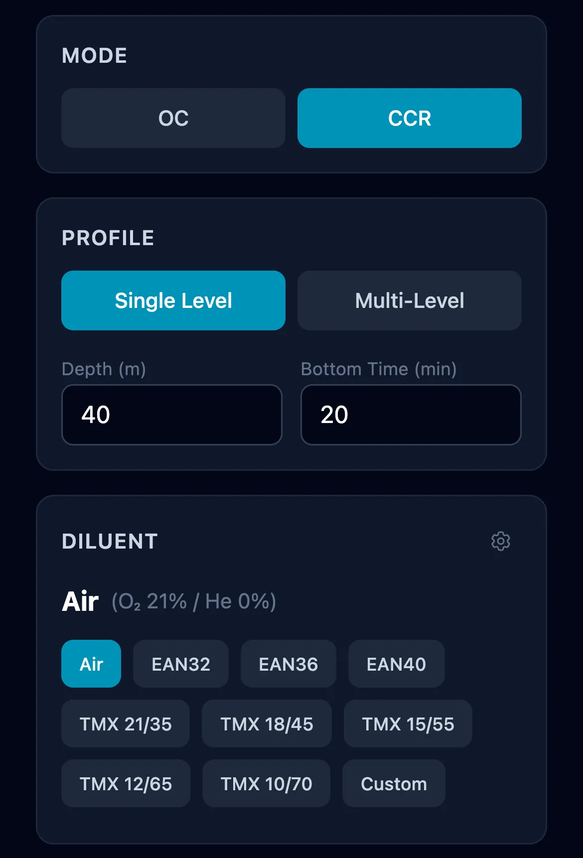 Deco Planner with CCR selected on the Mode toggle, the Profile panel below it, and the Bottom Gas panel now labelled Diluent