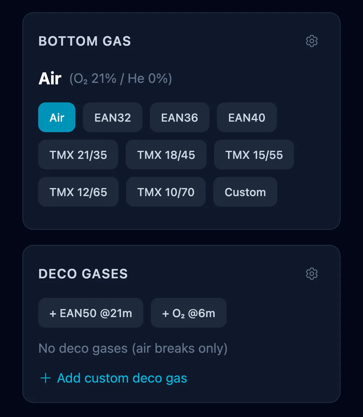 Deco Planner OC mode - Bottom Gas panel with Air/EAN/TMX preset chips, and Deco Gases panel with EAN50 and O₂ add chips