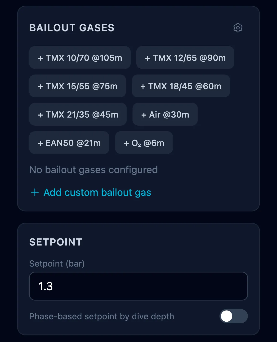 Bailout Gases panel with add chips for the trimix range, Air, EAN50 and O₂ at their switch depths, and below it the Setpoint panel set to 1.3 bar with the phase-based setpoint switch off