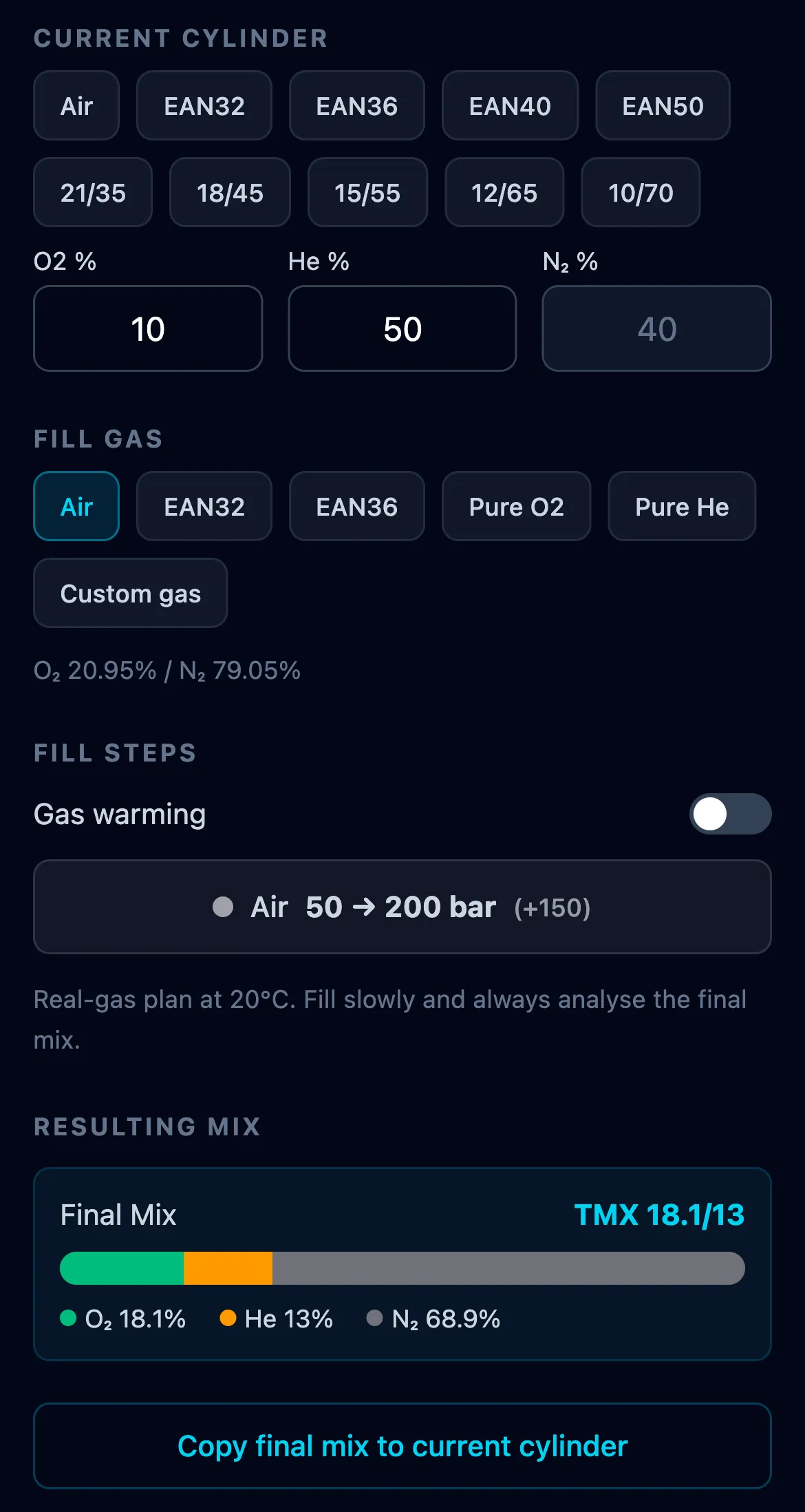 Top-up: the current cylinder holding TMX 10/50, Air chosen as the fill gas, a single fill step from 50 to 200 bar, a resulting mix of TMX 18.1/13 with a composition bar, and a button reading Copy final mix to current cylinder