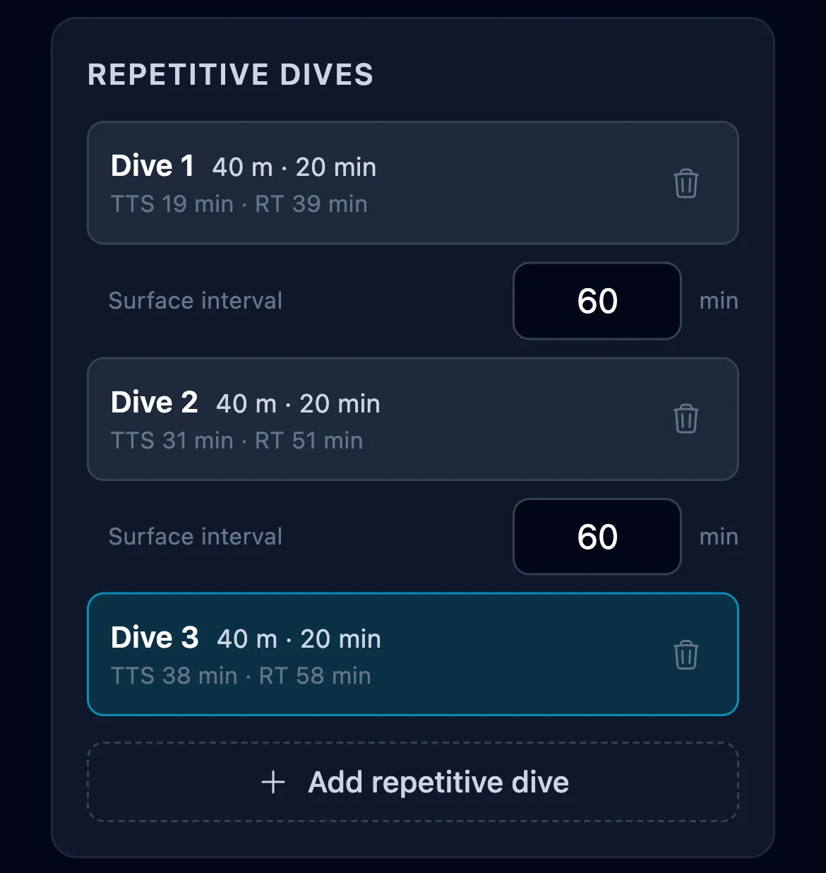 Repetitive dives panel with three chained 40 m / 20 min dives separated by 60-minute surface intervals; TTS rises from 19 to 31 to 38 minutes across the chain and the third dive is highlighted as active