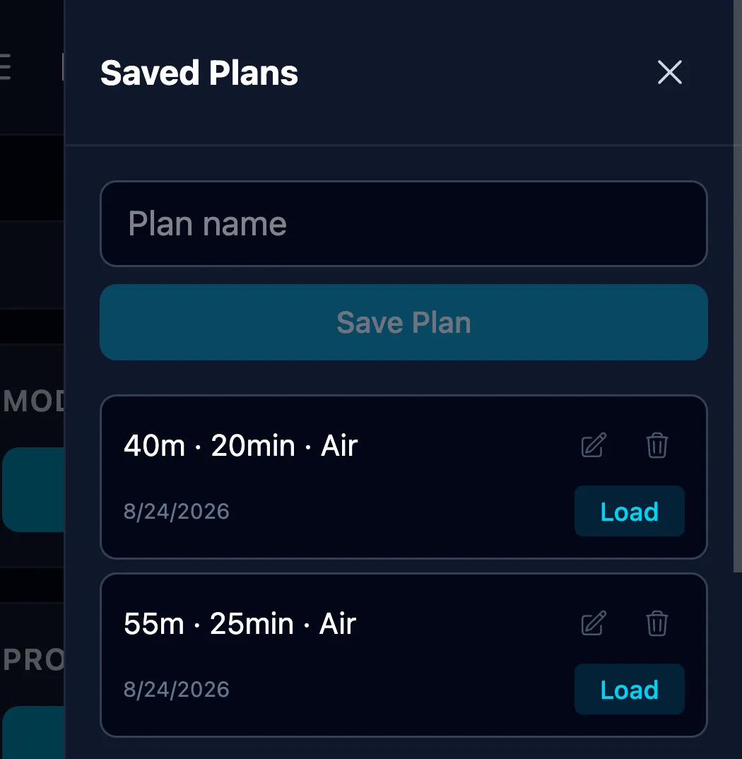 Saved Plans drawer with a Plan name field, a Save Plan button, and two stored plans (40m 20min Air and 55m 25min Air) each with rename, delete and Load controls
