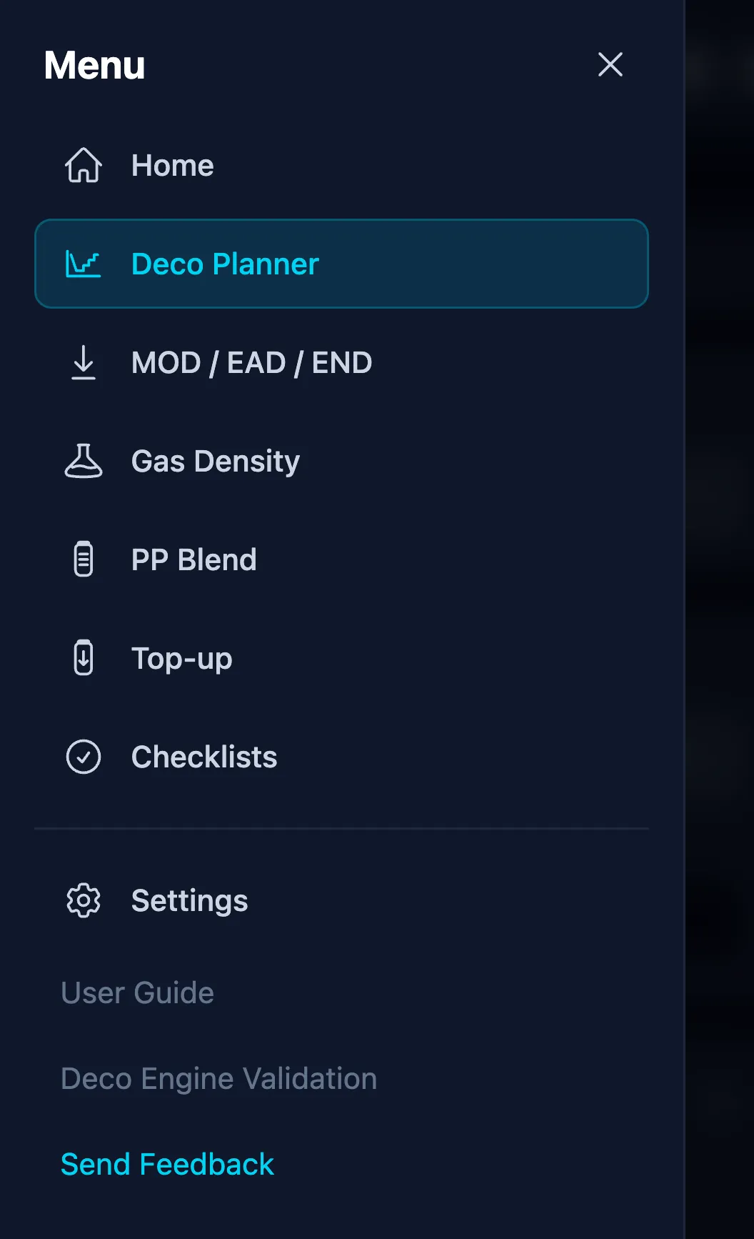 The app menu open over the Deco Planner: Home, then the six tools with Deco Planner highlighted as the current one, then Settings and links to the guide, the validation report and feedback